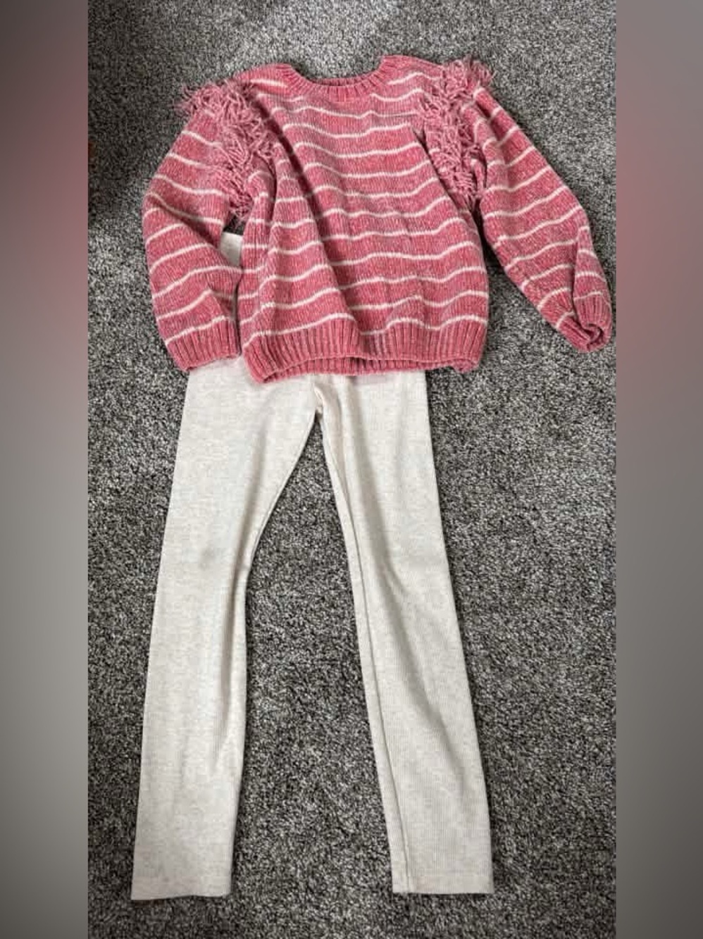 Jessica Simpson Pink and Ivory Striped Fringe Crewneck Set